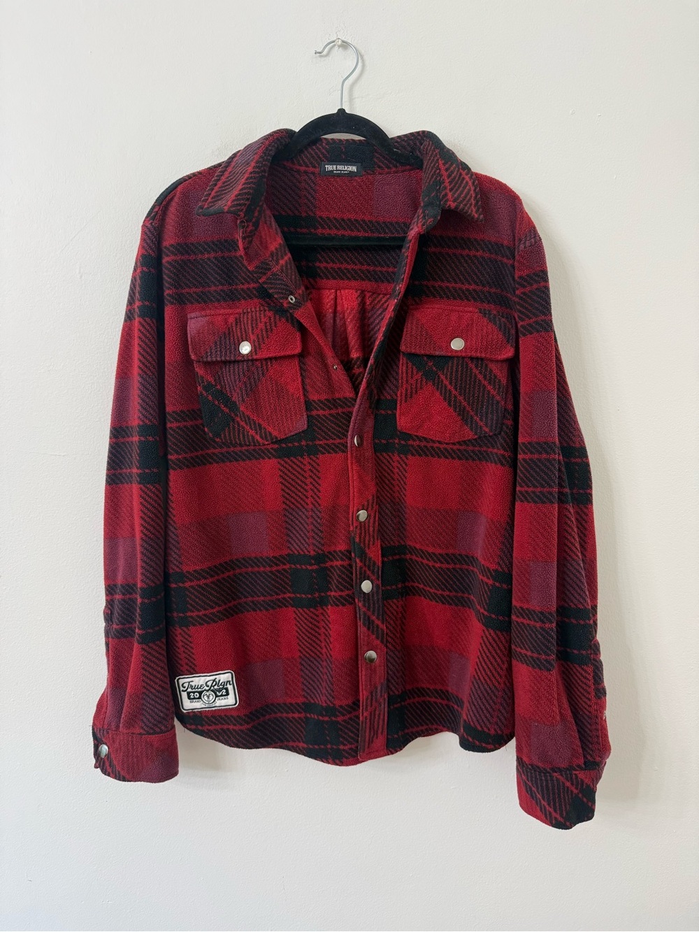 {XL} TRUE RELIGION Red Black Polar Fleece Shacket Snap Buttons
